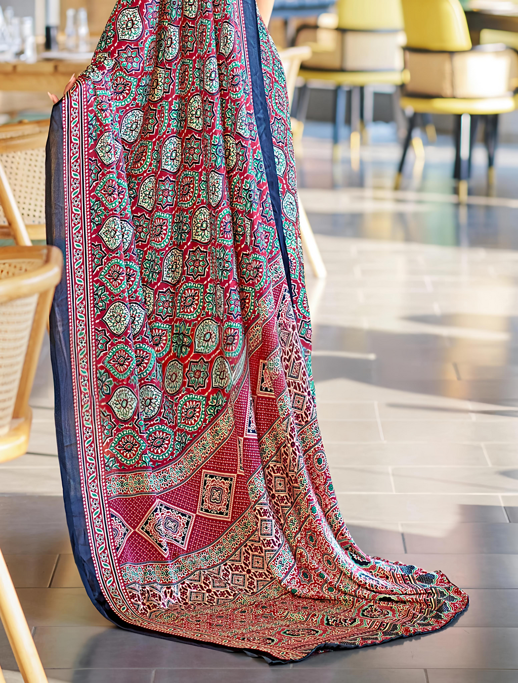Luxurious Maroon Ajrakh Printed Soft Modal Silk Natural Print Saree P2