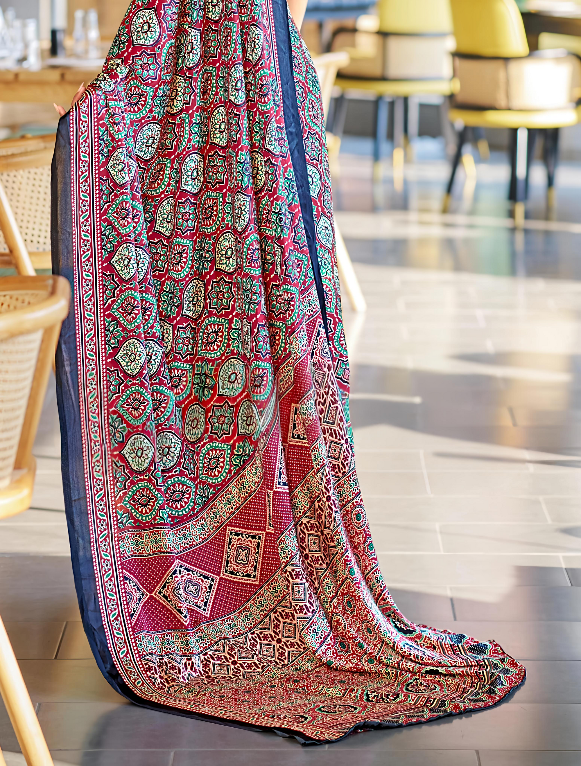Luxurious Maroon Ajrakh Printed Soft Modal Silk Natural Print Saree P2