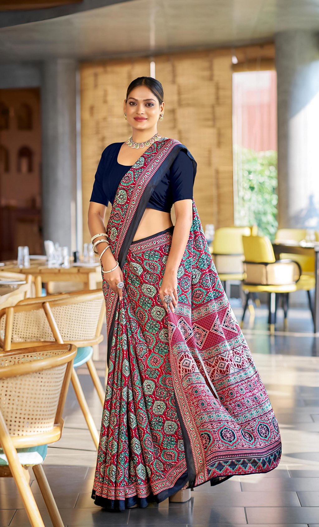 Luxurious Maroon Ajrakh Printed Soft Modal Silk Natural Print Saree P2