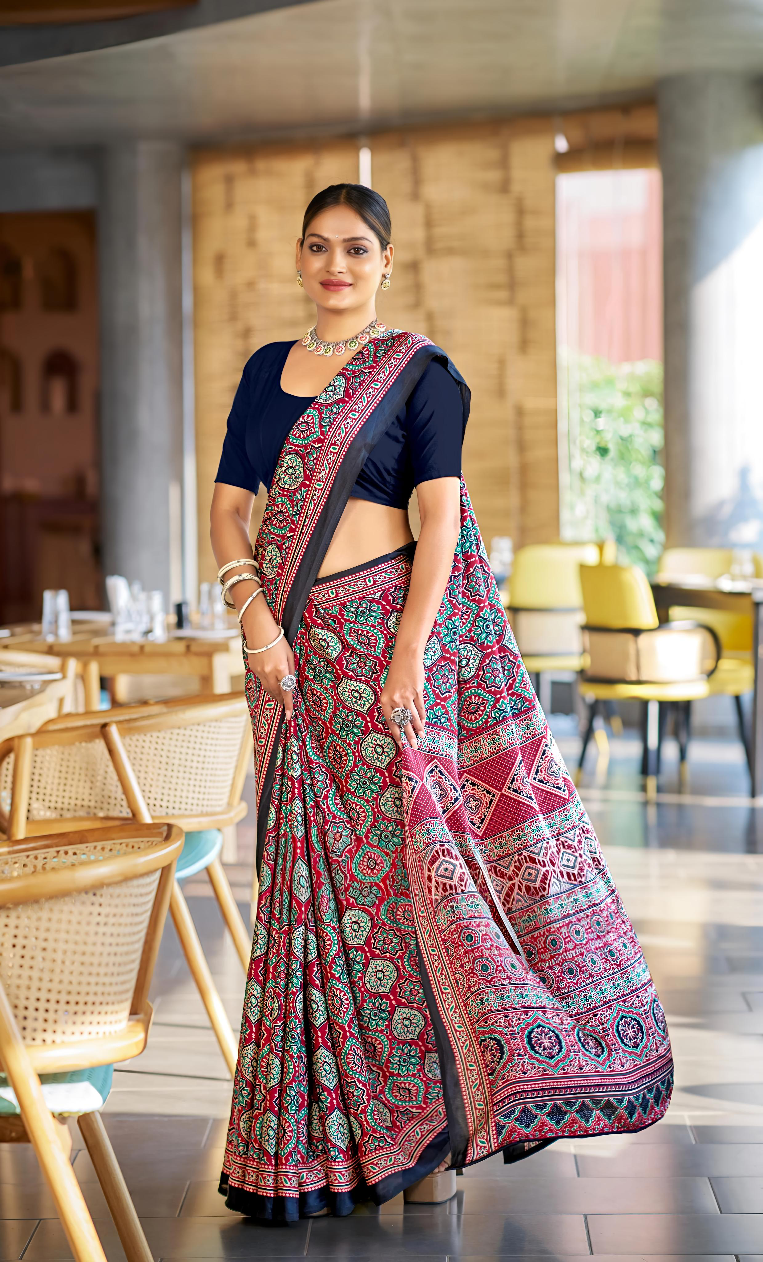 Luxurious Maroon Ajrakh Printed Soft Modal Silk Natural Print Saree P2