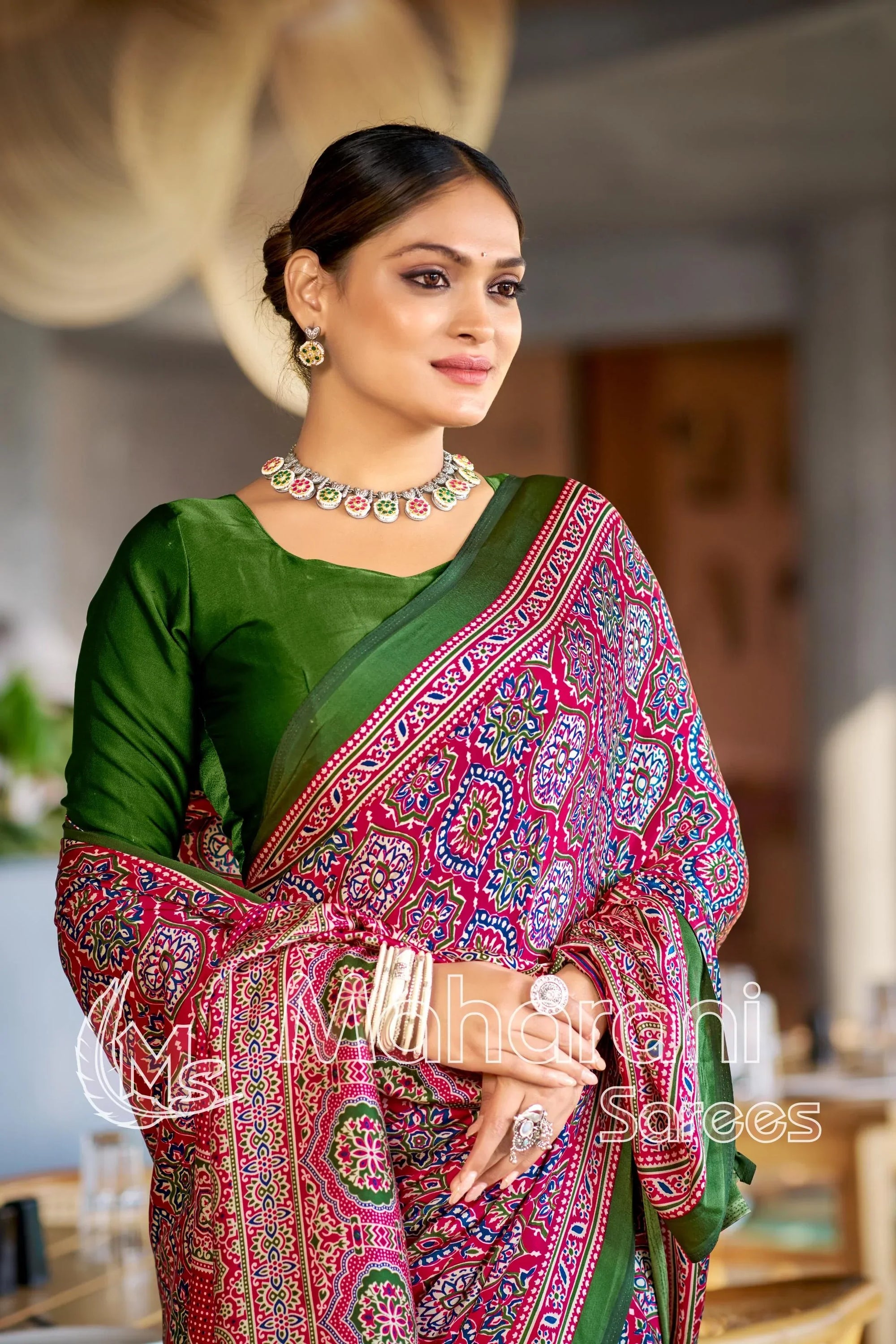 Colorful Rani Ajrakh Printed Soft Modal Silk Natural Print Saree P2