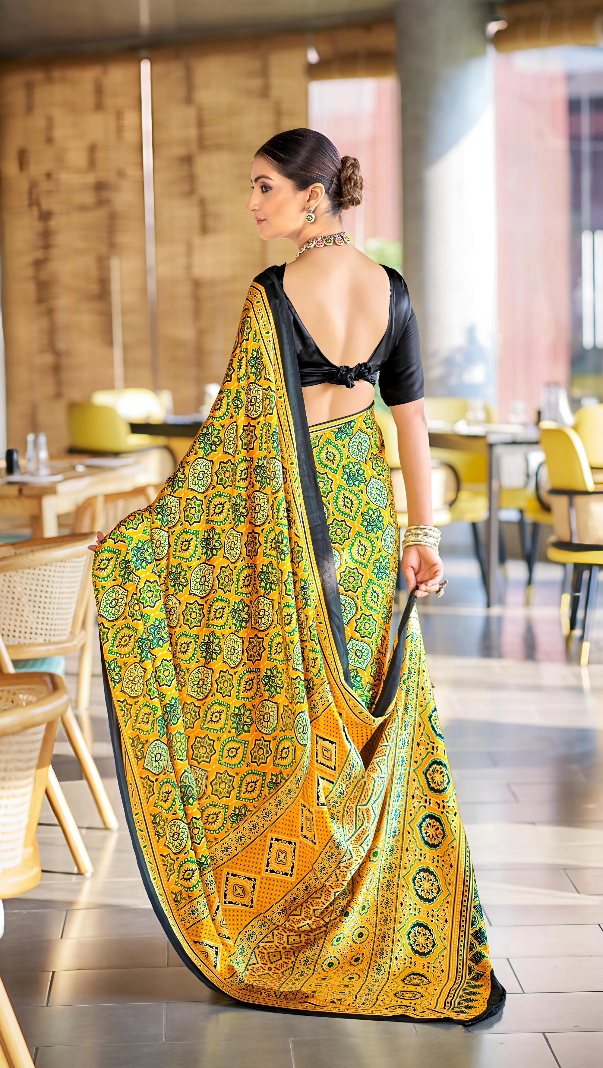 Brilliant Yellow Ajrakh Printed Soft Modal Silk Natural Print Saree P2