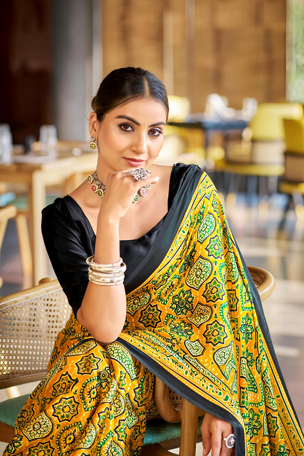 Brilliant Yellow Ajrakh Printed Soft Modal Silk Natural Print Saree P2