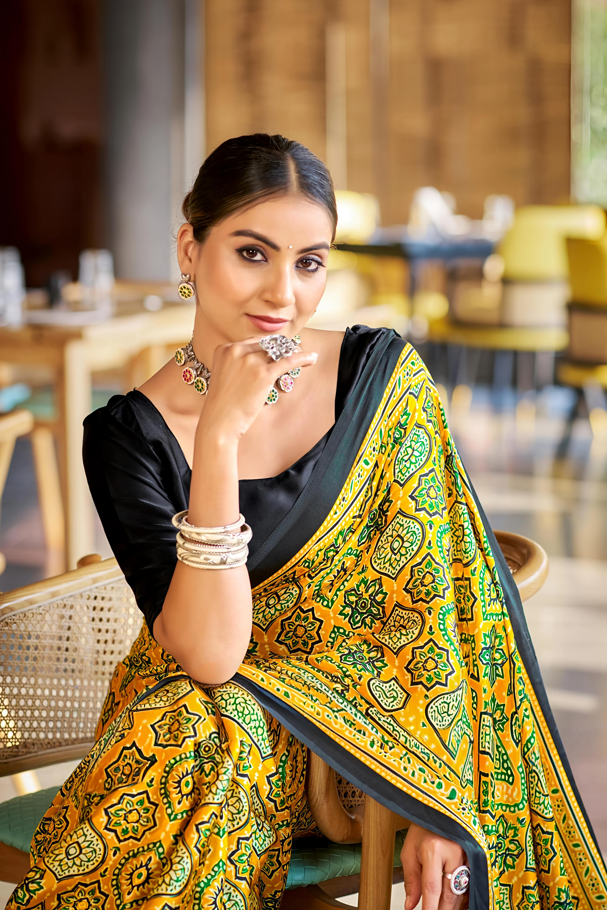 Brilliant Yellow Ajrakh Printed Soft Modal Silk Natural Print Saree P2