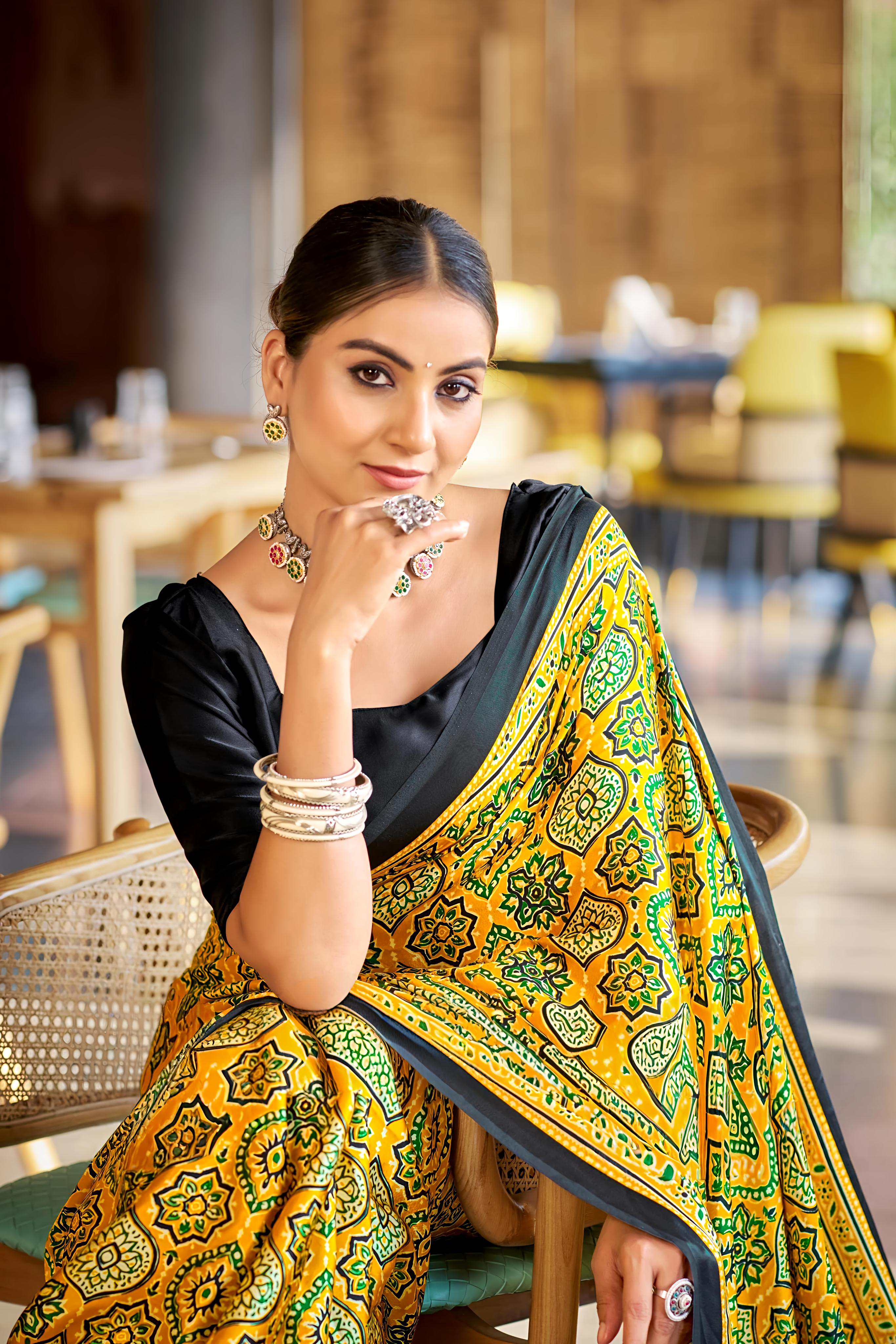 Brilliant Yellow Ajrakh Printed Soft Modal Silk Natural Print Saree P2