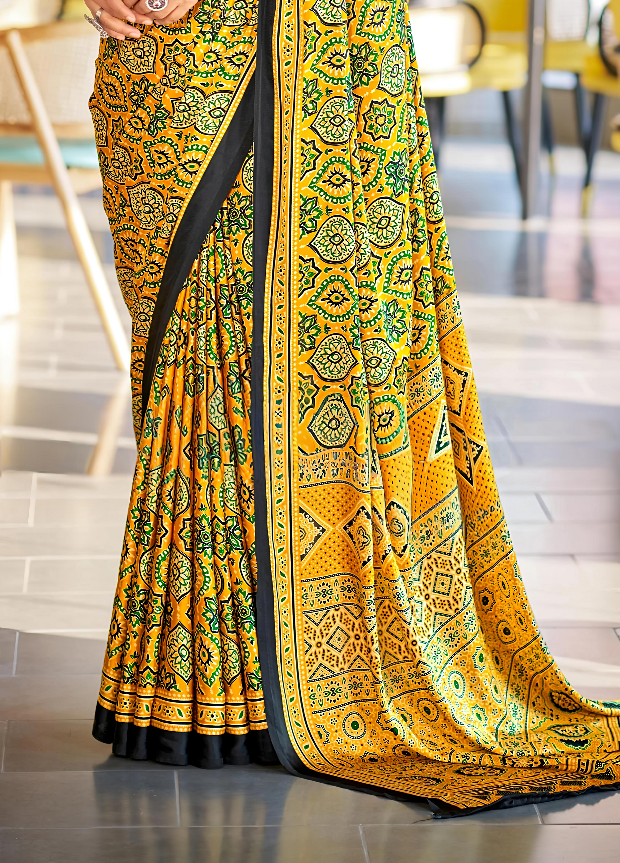 Brilliant Yellow Ajrakh Printed Soft Modal Silk Natural Print Saree P2