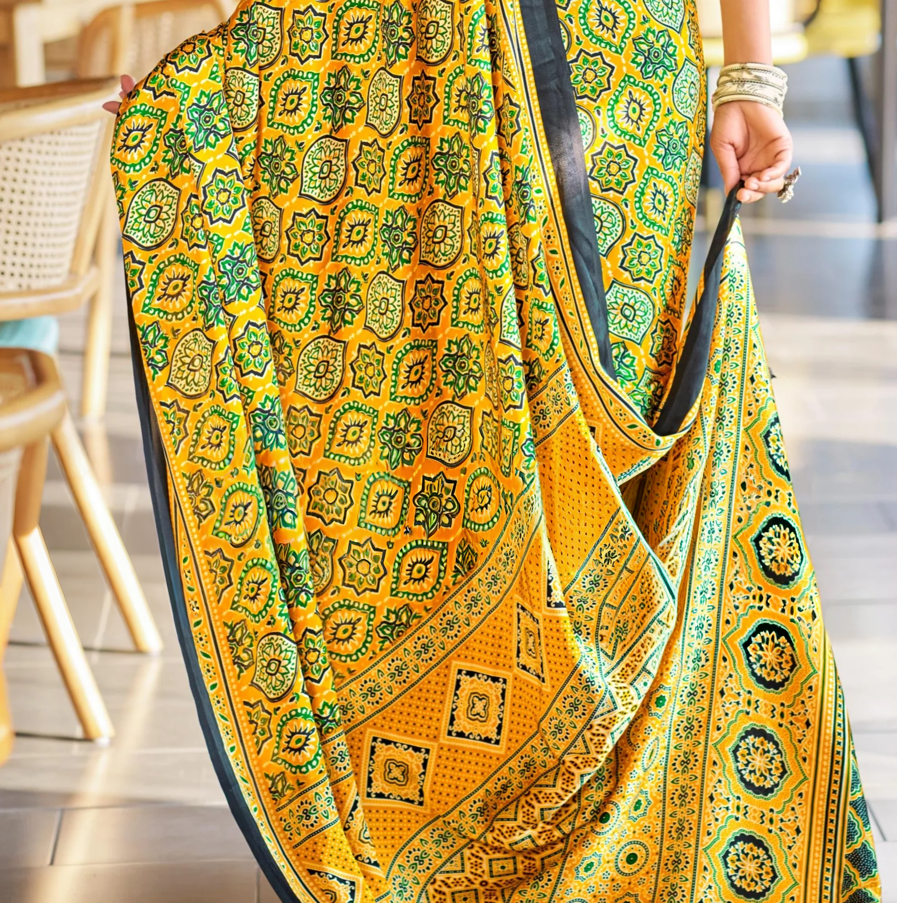 Brilliant Yellow Ajrakh Printed Soft Modal Silk Natural Print Saree P2